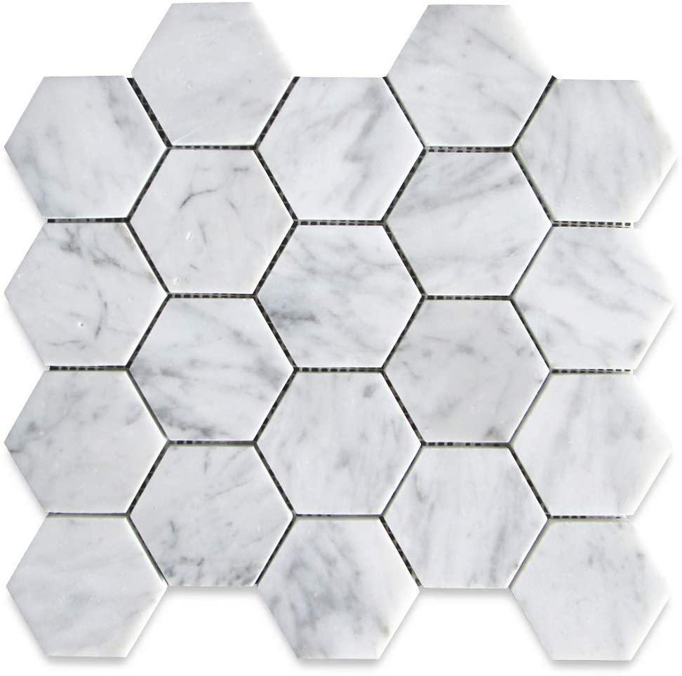 Carrara White Italian Marble Hexagon Mosaic Floor Wall Tile 3 inch Polished Bathroom Kitchen Backsplash Fireplace