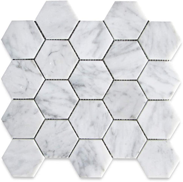 Carrara White Italian Carrera Marble Hexagon Mosaic Tile 3 inch Polished Bianco Bathroom Kitchen Backsplash Floor Tile