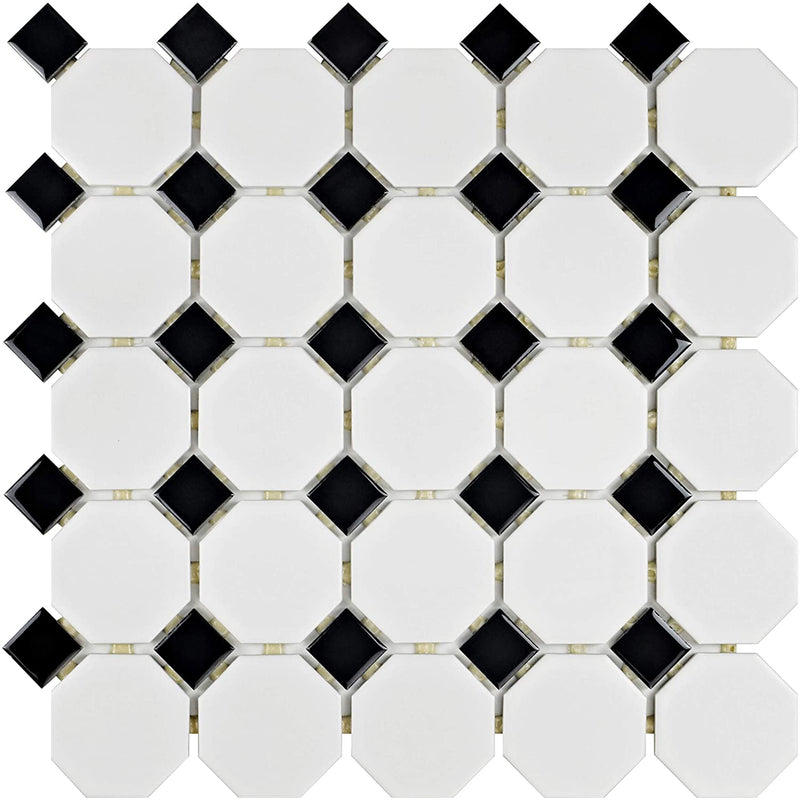 SomerTile FXLM2OWD Retro Octagon Porcelain Floor and Wall Tile, 11.5" x 11.5", Matte White with Glossy Black Dot - Tenedos