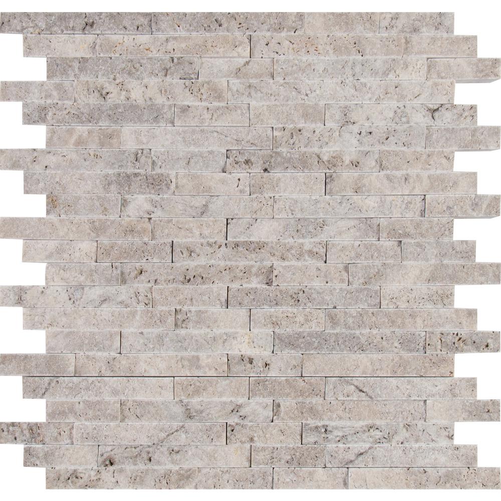 MSI Silver Splitface 11.81 in. x 12.4 in. x 10mm Travertine Mesh-Mounted Mosaic Wall Tile