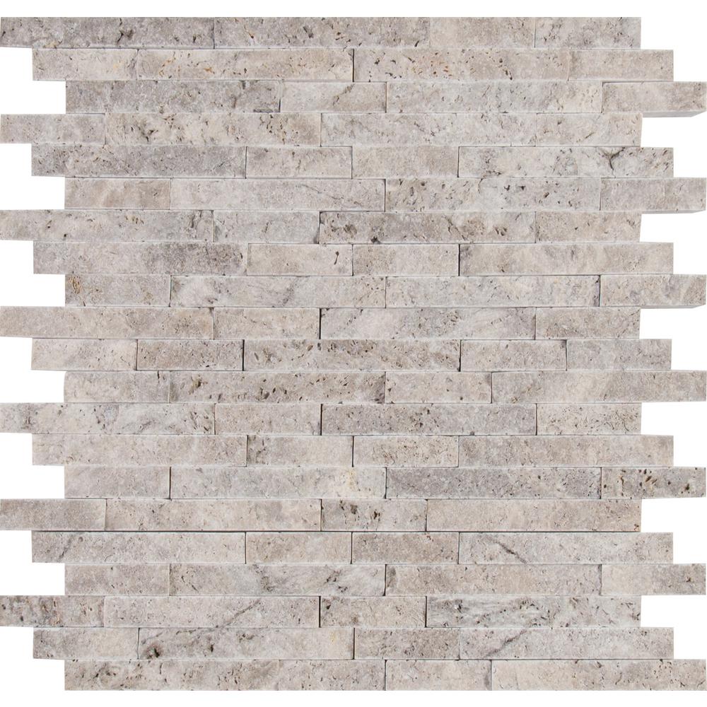 MSI Silver Splitface 11.81 in. x 12.4 in. x 10mm Travertine Mesh-Mounted Mosaic Wall Tile