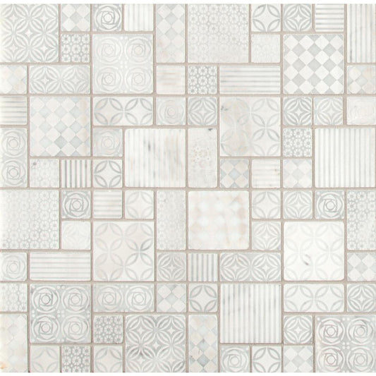 MSI Tetris Blanco Pattern 11.81 in. x 11.81 in. x 10mm Honed Marble Mesh-Mounted Mosaic Tile (9.7 sq. ft. / case)