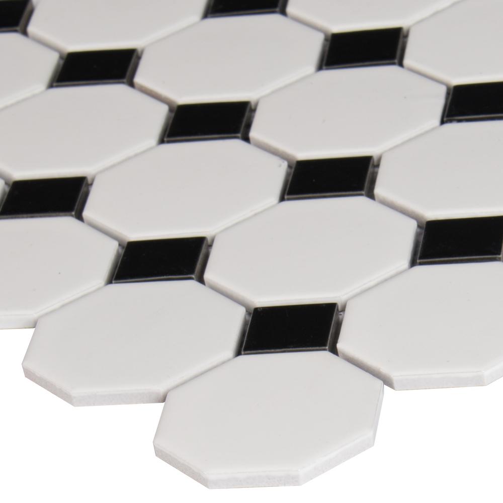 MSI White and Black Octagon 12 in. x 12 in. x 6mm Porcelain Mesh-Mounted Mosaic Tile (MATTE OR GLOSSY)